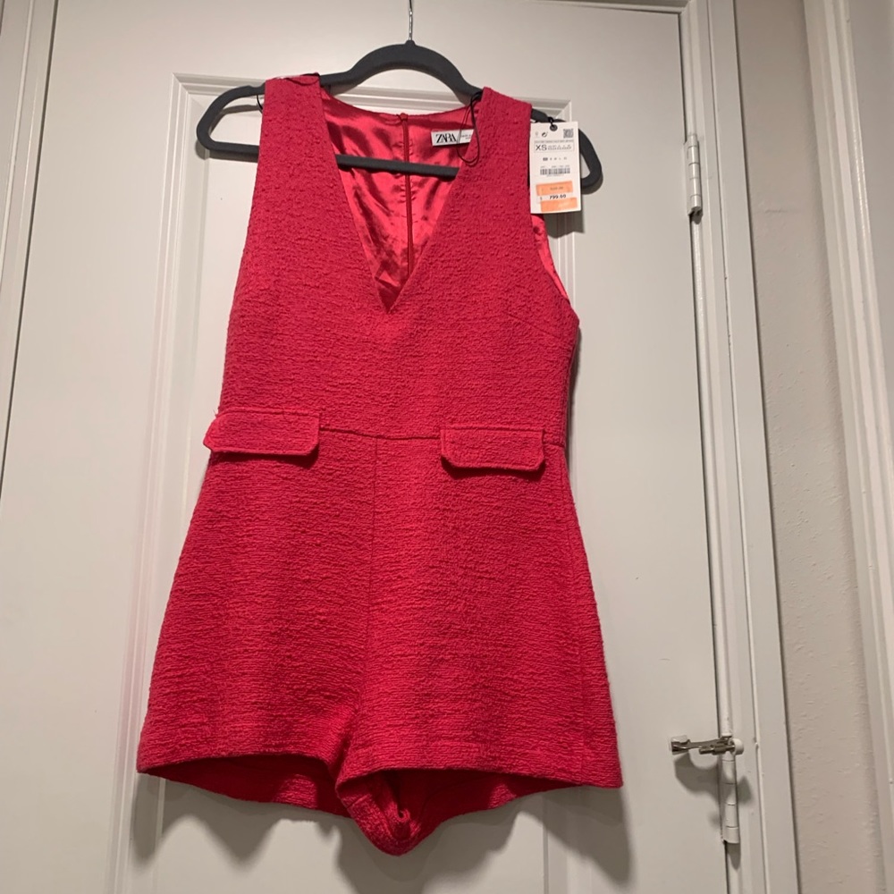 Zara Bright Pink Textured V-Neck Romper